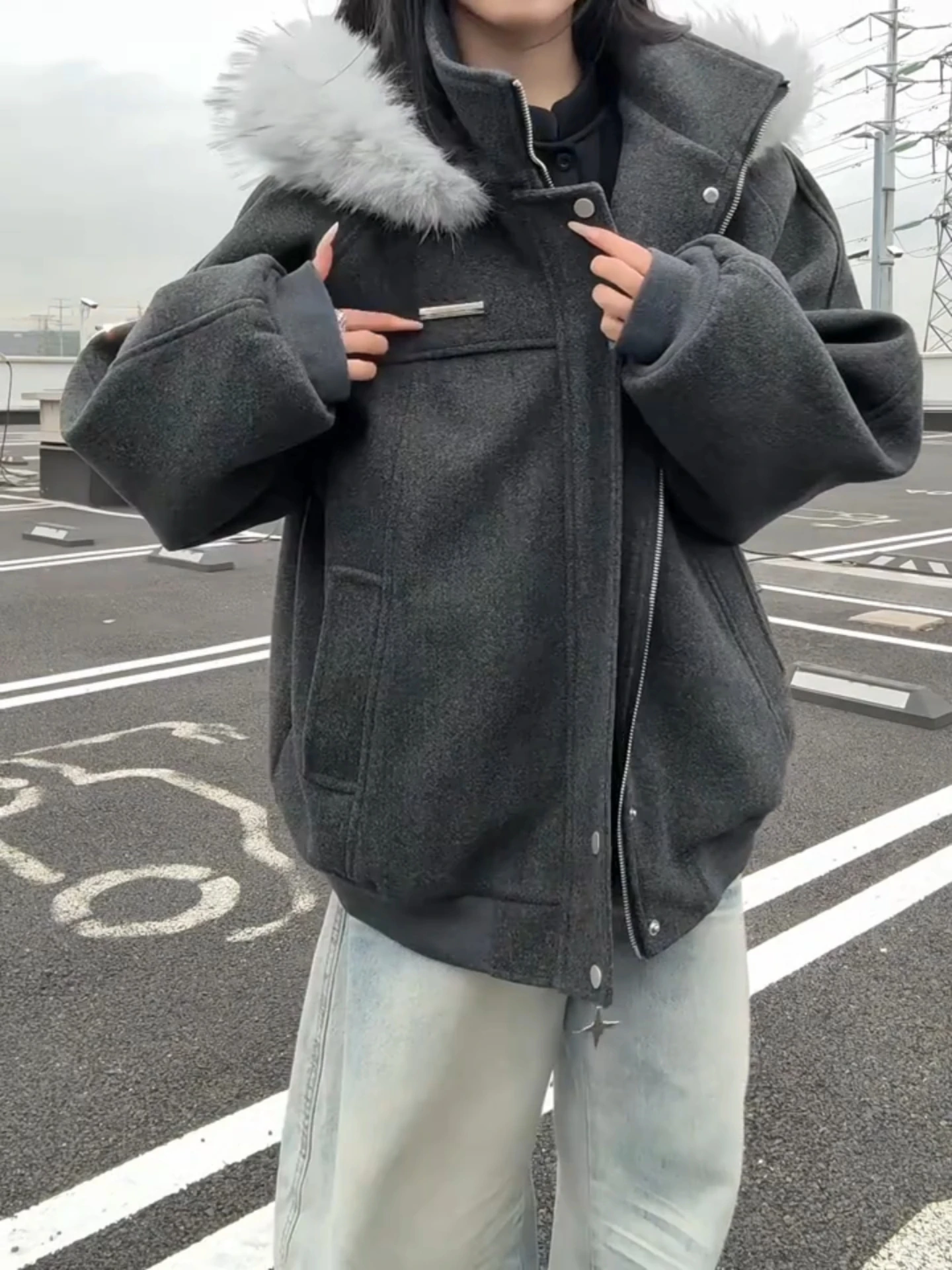 

Men's Thiened Winter Jaet Woolen Cotton Coat ort Sle Big Fur Collar Casual Warm Fce Lined Zipper Closure Coat