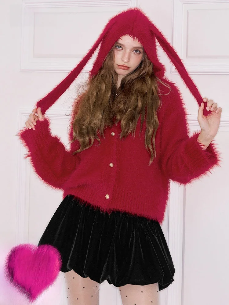 

Вязаный кардиган Good Things Come Rabbit, женский, зимний, новогодний, красный, имитация норки, вязаный, с открытым передом, повседневный, стильный...