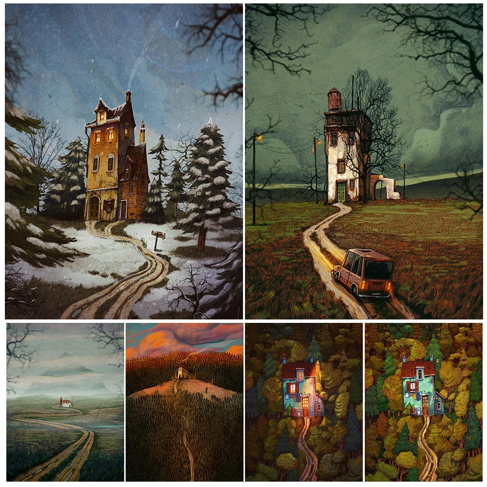 

Cartoon Castle Path Wood Vintage Scenery Poster Wall Art Canvas Painting Home Decor Wall Pictures For Living Room Unframed