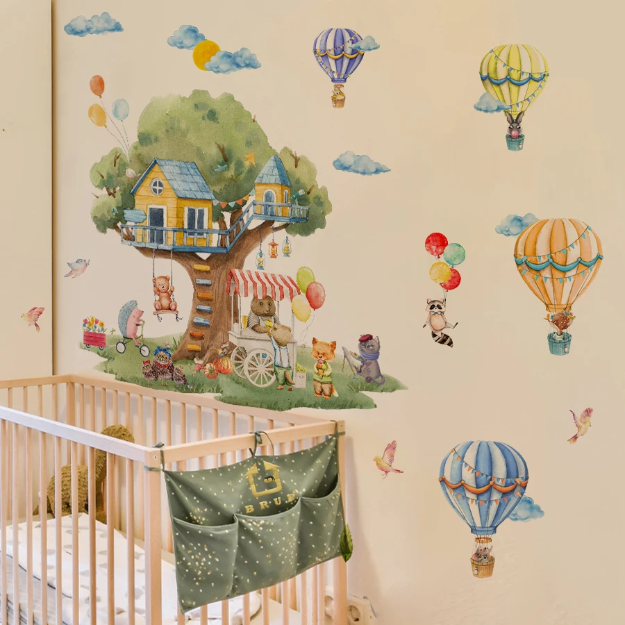 ملصقات جدارية على شكل شجرة كرتونية وحيوانات بالونات - ملصقات فينيل كبيرة قابلة للإزالة لديكور غرفة الأطفال وغرفة اللعب وغرفة الغابة الغريبة