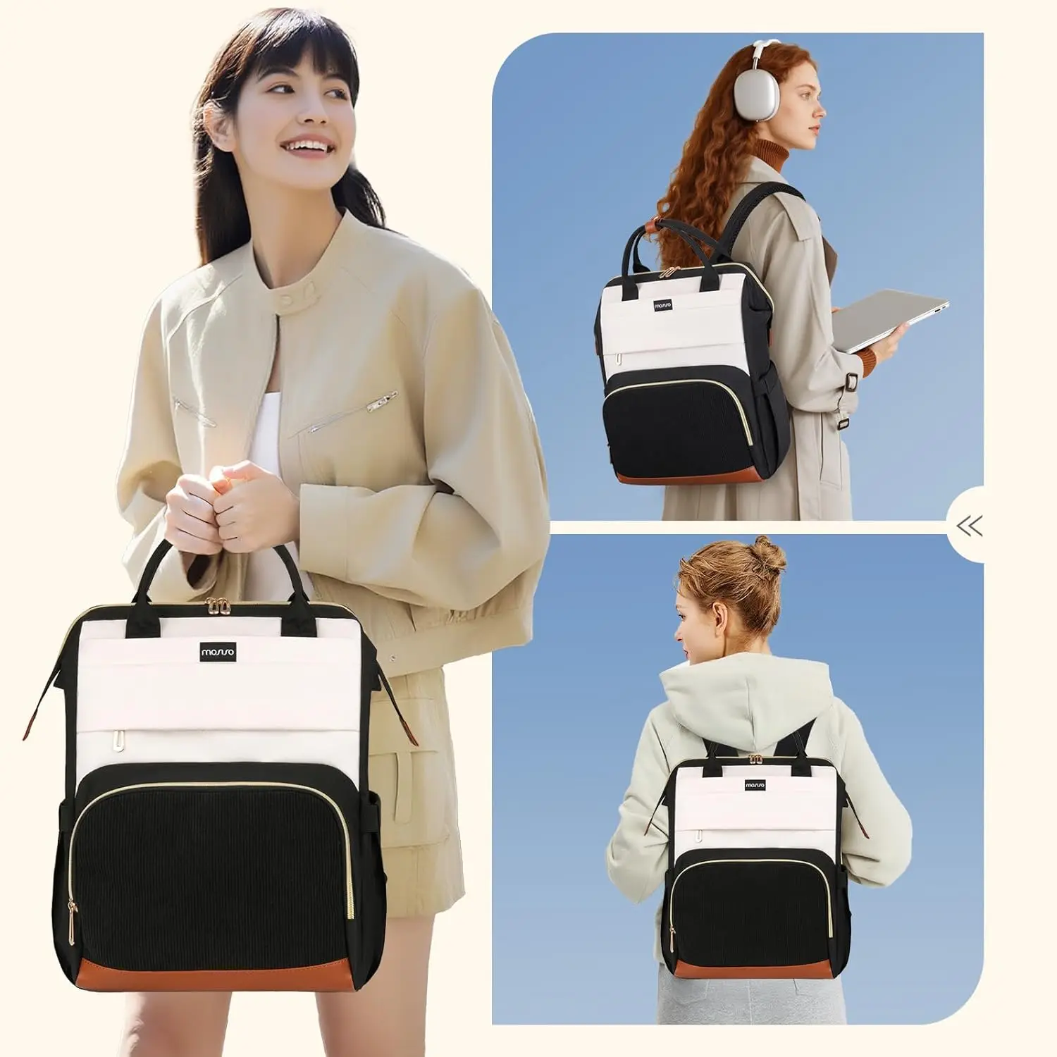 

MOSISO Laptop Backpack for Women 15.6 inch Laptop Bag with USB Charging Port&Front Corduroy Pocket Travel Office College Fashion
