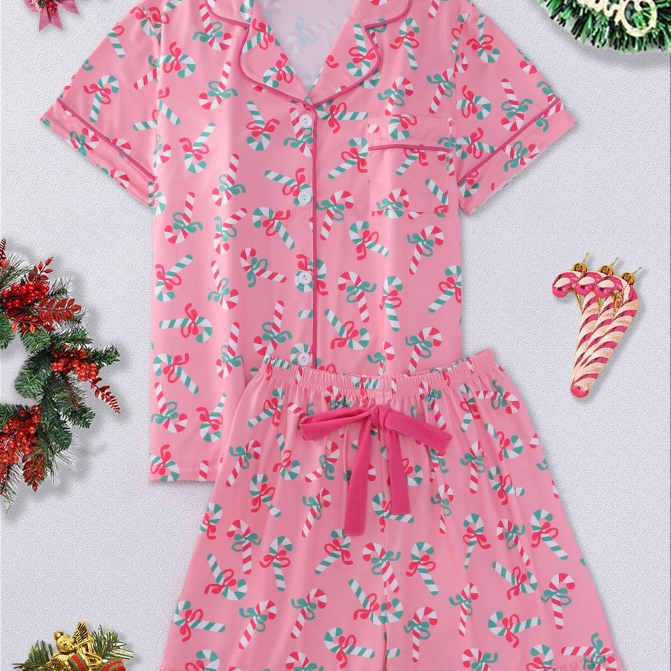  Soft and cute Christmas candy printed household clothes foundation make-up short sleeved shorts pajamas for women 
