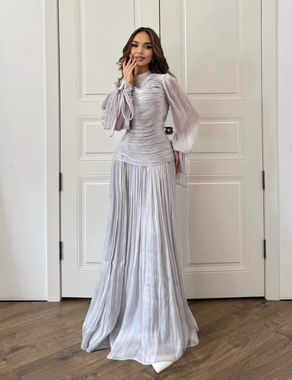 

Customized Fashion Sizes Available Chiffon Pleat Ruched Draped A-line High Collar Floor-Length Evening Dresses for Woman