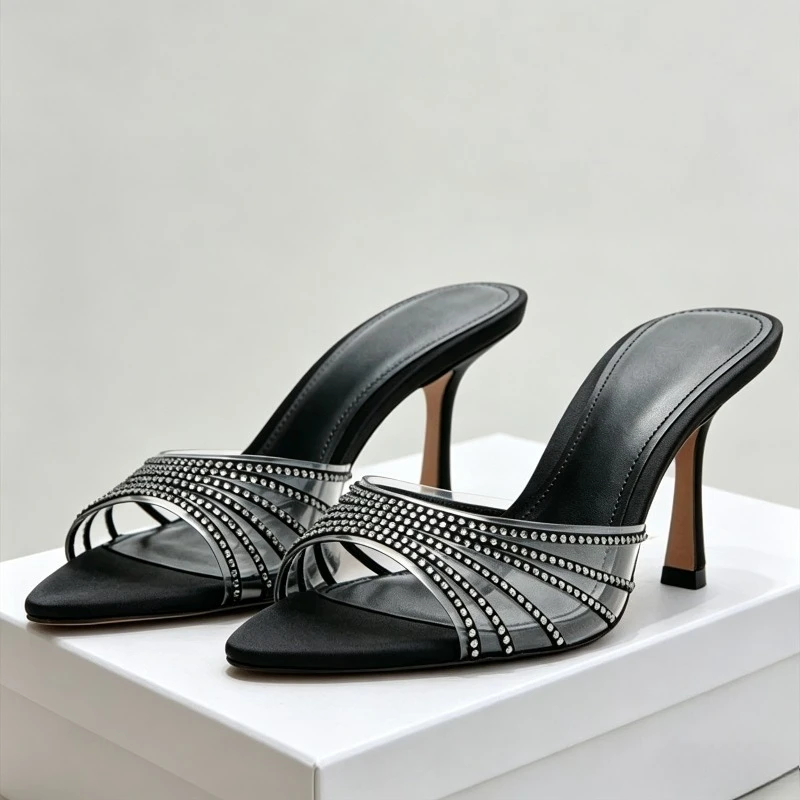 

PVC Transparent Rhinestone Rhinestone Mules Sandals Woman Summer 2026 Open-toe Elegant Slides Luxury High Heels Women's Slippers