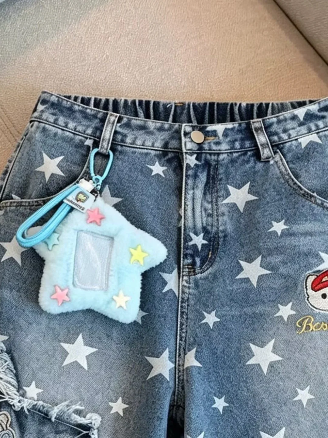 American Cartoon Embroidery Star Jeans Shorts Loose Casual Design Unisex Summer Five-Point Casual Pants Cotton Polyester Blend