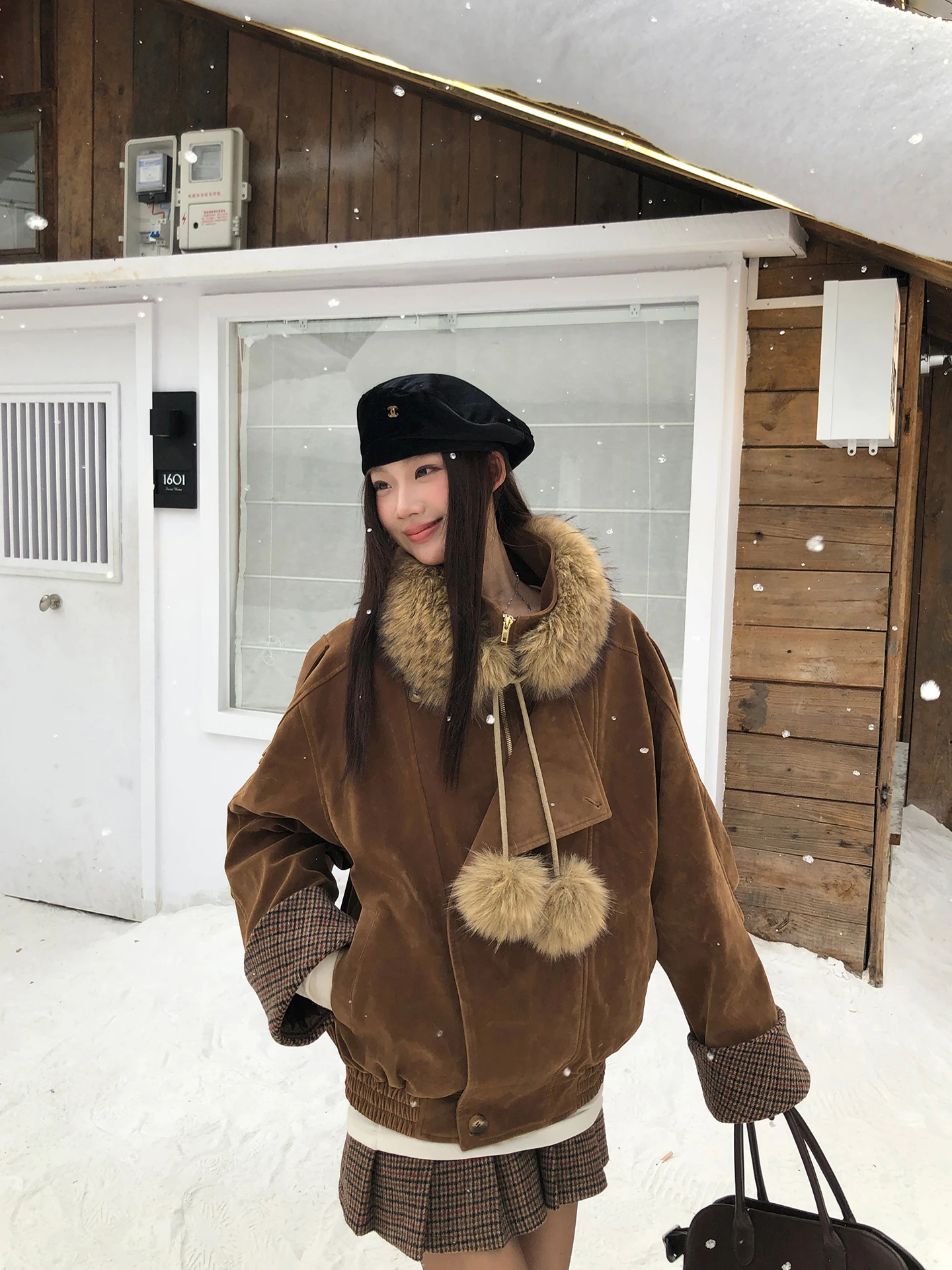 

Fall Winter Women's Suede Jaet Cotton Coat Fur Collar Coffee Color Padded Cotton Outerwear Commute Sle ort Coat