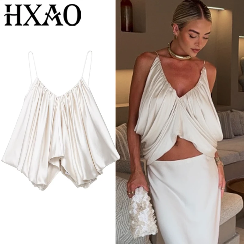 

HXAO Pleats Crop Top Women Summer Satin Slip Tops For Woman Sleeveless Backless Asymmetrical Top Party Pink Off White Sexy Tops