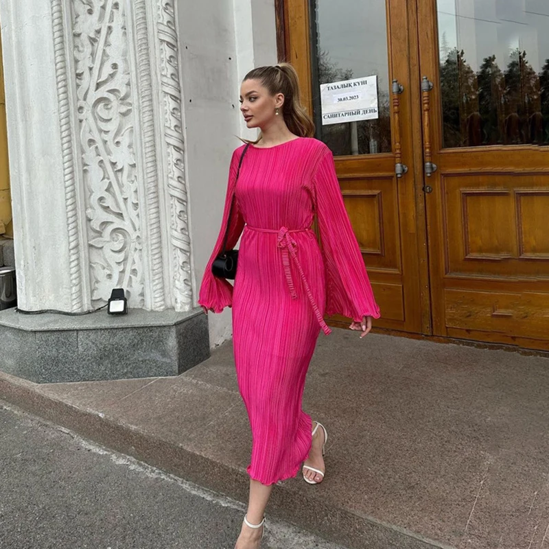 New Fashion Loose O-Neck Dress Elegant Pink Pleated Women Dress Long Sleeve Lace-Up Ankle-Length Dresses Female Clothing