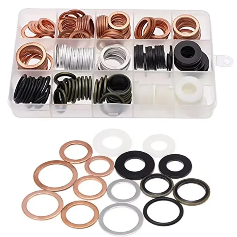 190 stks Olieaftappen Platte Plain Pakking Afdichting Spacers Nylon Koper Aluminium Gebonden Gecombineerde Sluitringen voor Carterpluggen