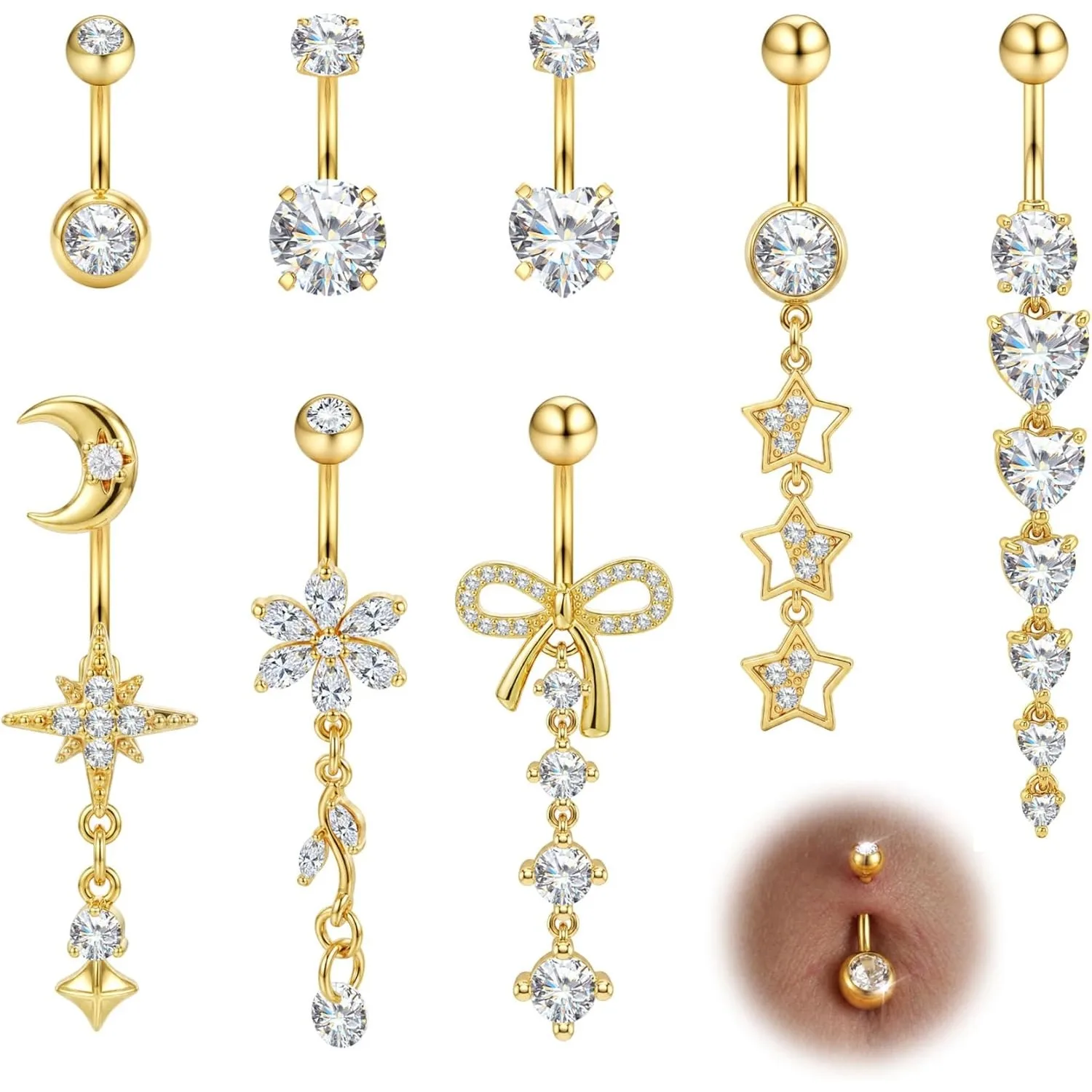 Drperfect Hypoallergener Chirurgenstahl Bauchnabelpiercing für Frauen, baumelnder Bauchnabelring mit Herz- und Schmetterlingsmotiv, Nabelpiercing-Schmuck