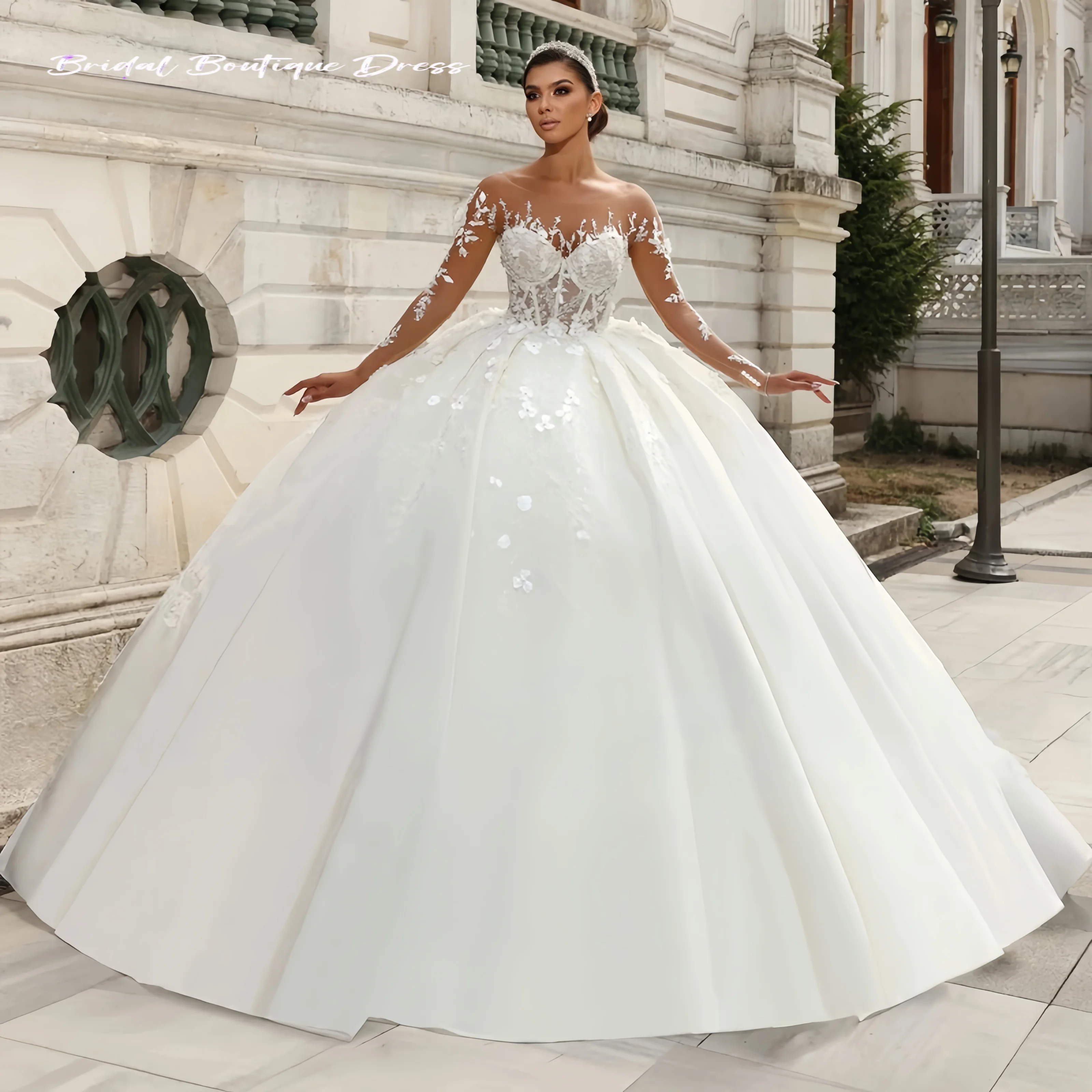 

Изысканное свадебное платье-бальное с длинным рукавом и вырезом-лодочкой, индивидуальный пошив, с изысканными бусинами, аппликациями и цветами, в стиле принцессы