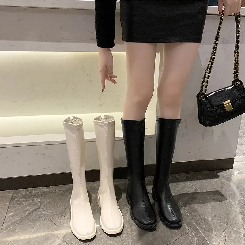 Riding Boots Women Shoes Real Leather Mid Heel Knee-High Boots Square Toe Block Heels Zip Long Boots Autumn Winter 40