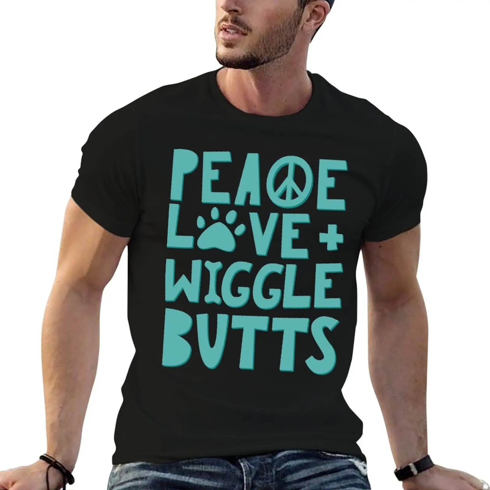 Peace, Love, + Wiggle Butts Animal Lover Turquoise T-Shirt for a boy football t shirt plus size men clothing