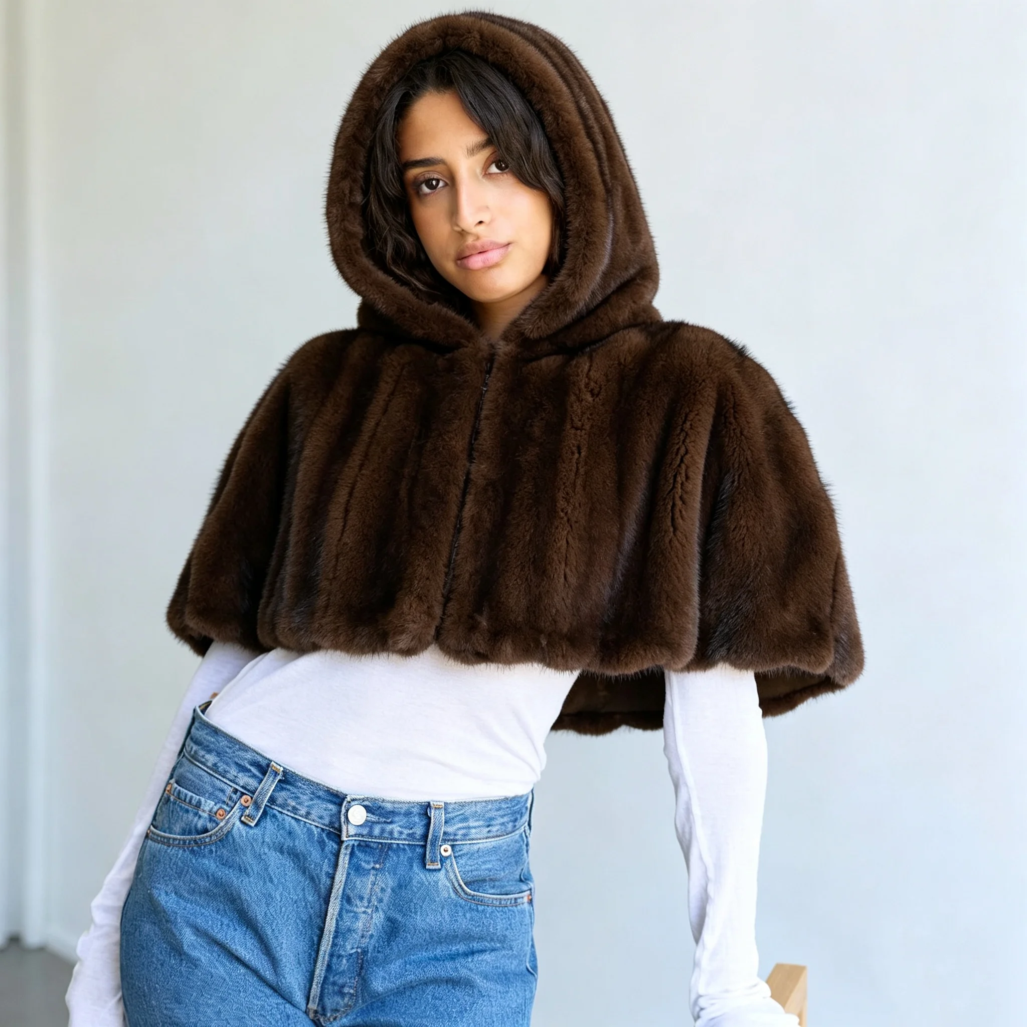 RU Women Faux Fur Hooded Cape Shawl Zip Front Short Poncho Warm Autumn Winter Plush Ladies Party Outerwear Shoulder Wrap Stole