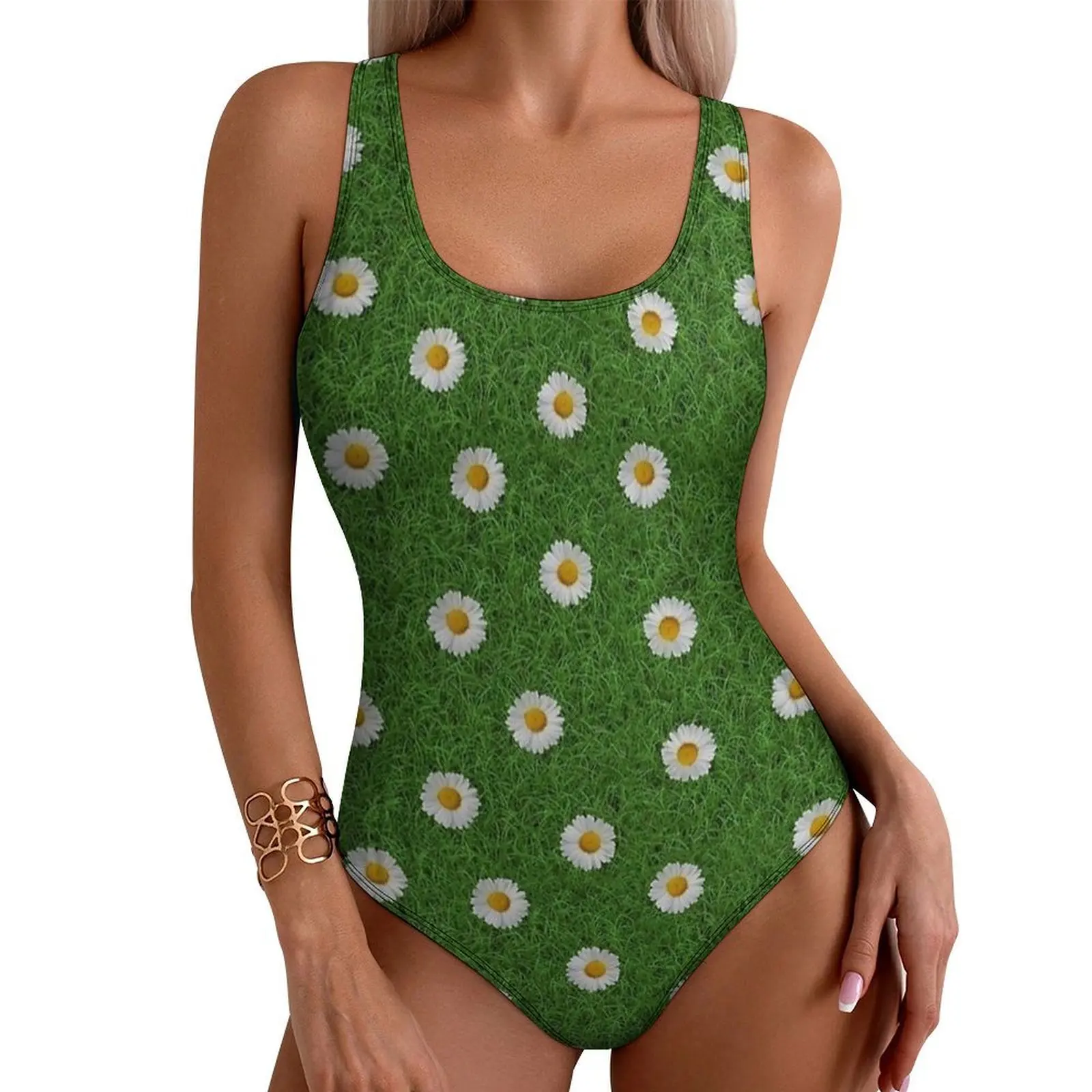 White Daisy Texture Print Swimsuit Sexy  Women Swimwear One Piece Stylish Bodysuit Beach Push Up Backless Bathing Suit