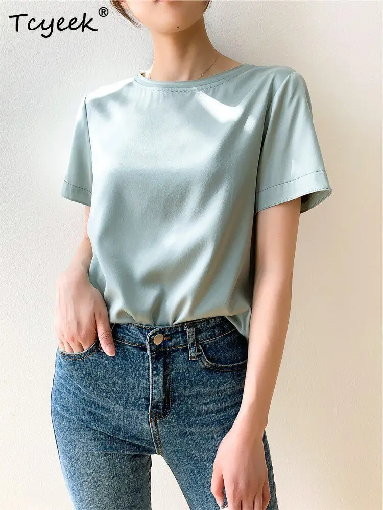 Tcyeek 92% Mulberry Silk T Shirt Women Summer Clothes Elegant Womens T-shirts Short Sleeve Top Tees Soild Color Блузка Женская
