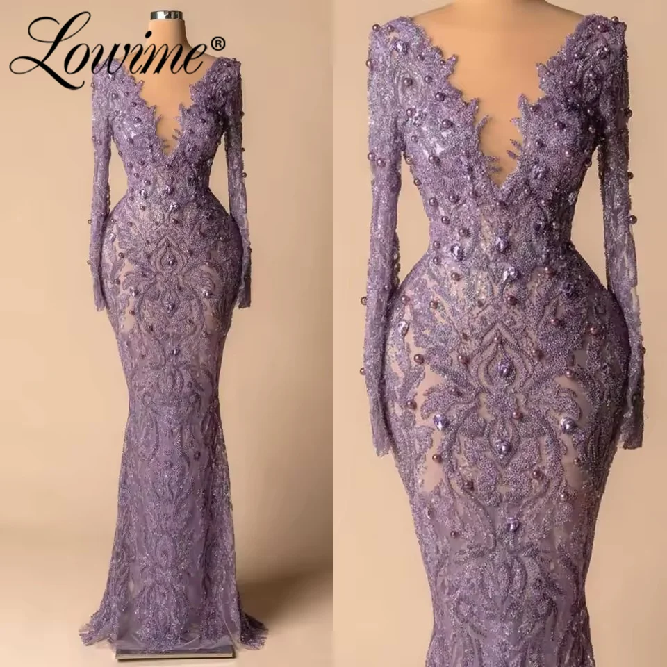Elegancka fioletowa suknia wieczorowa dla kobiet, długie rękawy, suknie na przyjęcia, szyte na miarę, zdobione kryształkami, syrenie suknie balowe, prześwitujący dekolt, 2026