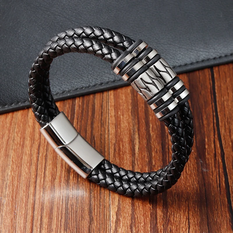 Fashion 2layer Leather Bracelets with Stainless Steel Magnet Trendy Multilayer Bracelet Homme Jewelry Male Bangle Wholesale Bulk