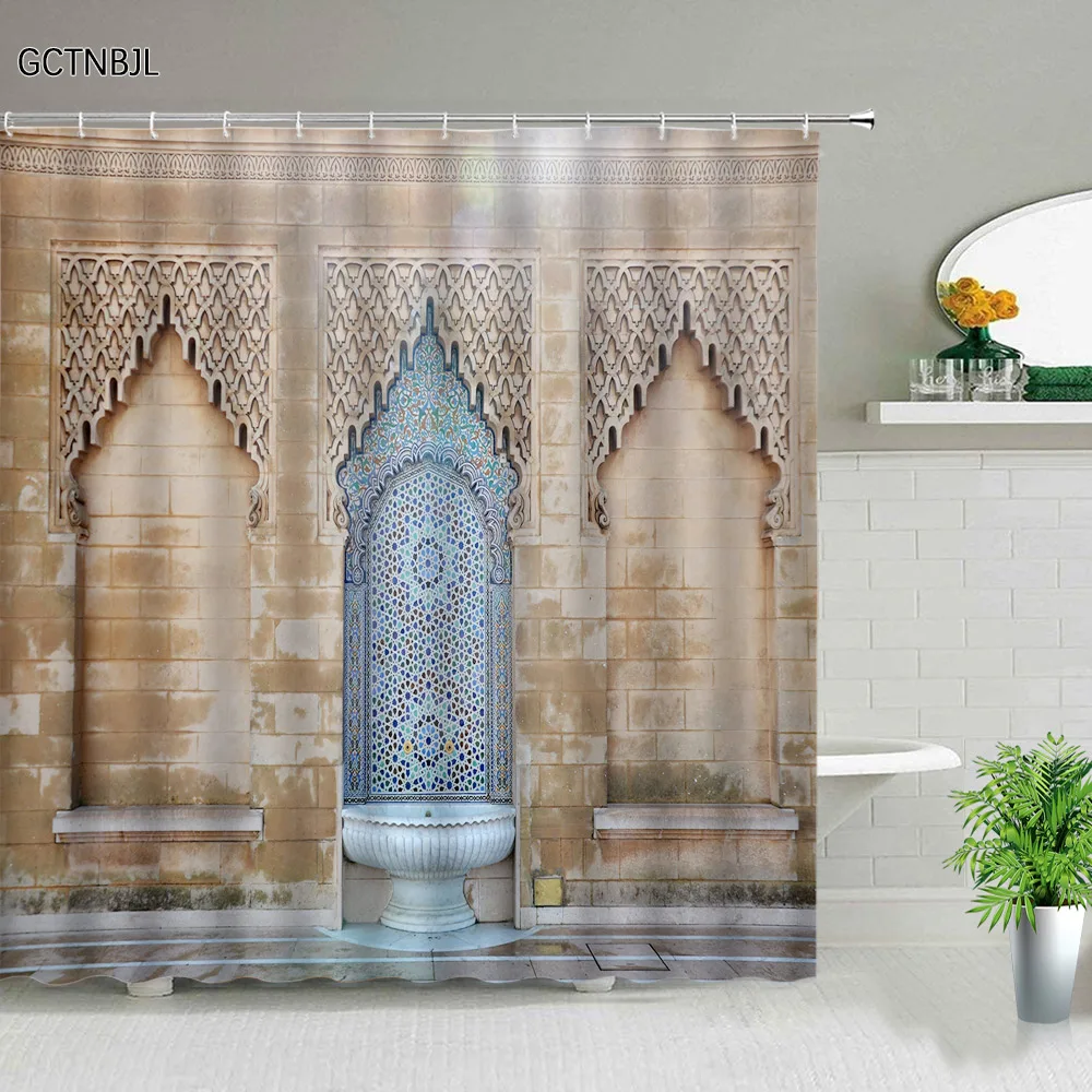 Luxury Palace Print Shower Curtain European Architecture Ethnic Style Bathroom Decor Polyester Fabric Bathroom Curtain Hooks