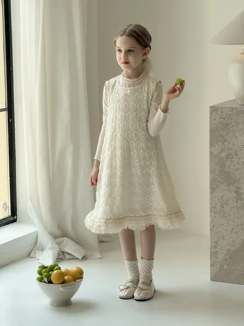 

Autumn Baby Girls Princess Dresses Beige Lace Party Children Sleeveless Vest Dress Kids 2024 Clothes