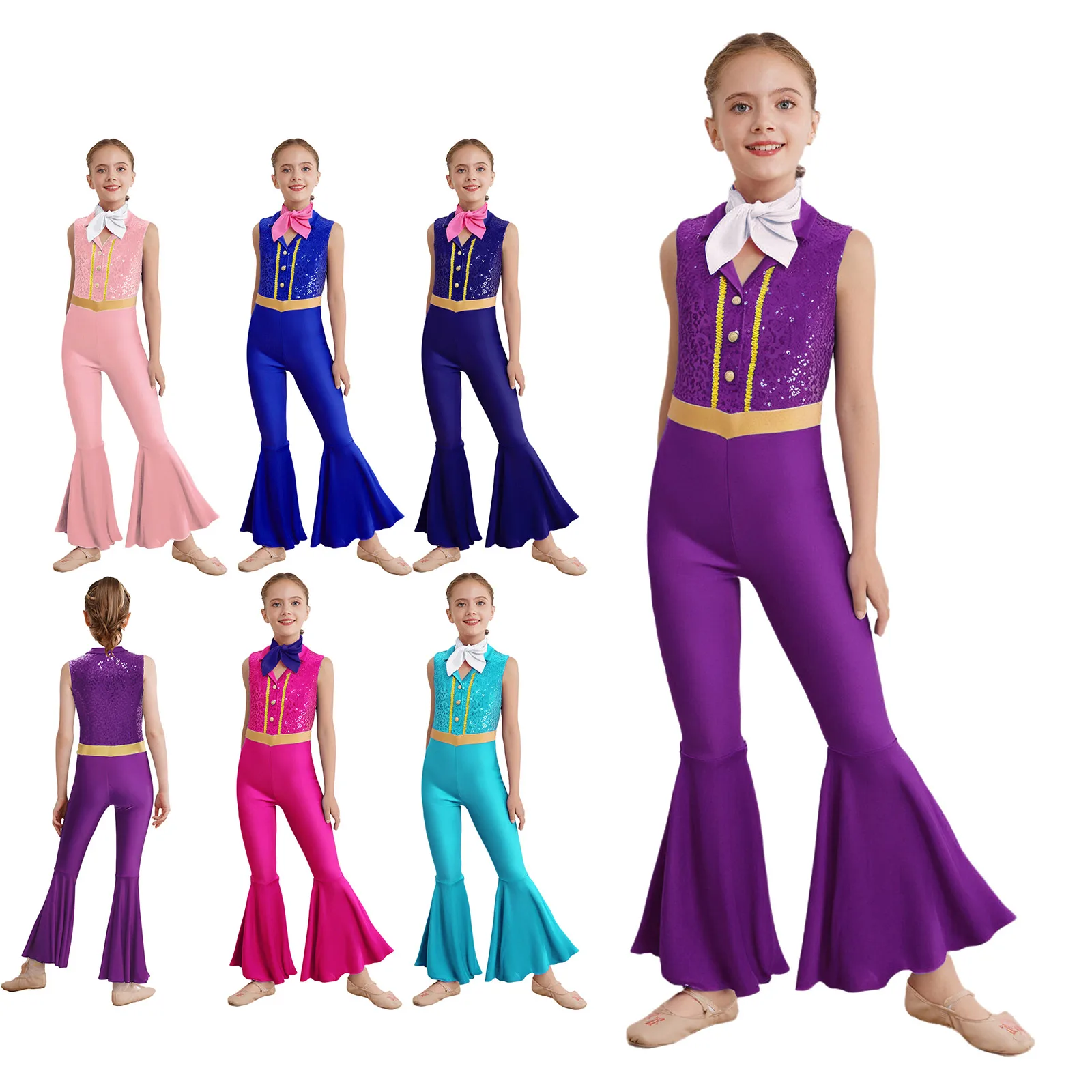 Combinaison Disco Vintage des années 70 avec écharpe, vêtements de danse pour enfants filles, body à paillettes, Hippie, bas de cloche, Costume de fête Rave de danse Jazz