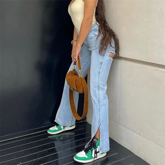 

Рваные джинсы с высокой талией, женские длинные брюки с разрезом, прямые синие джинсы, весна-лето, осень, модные женские джинсы