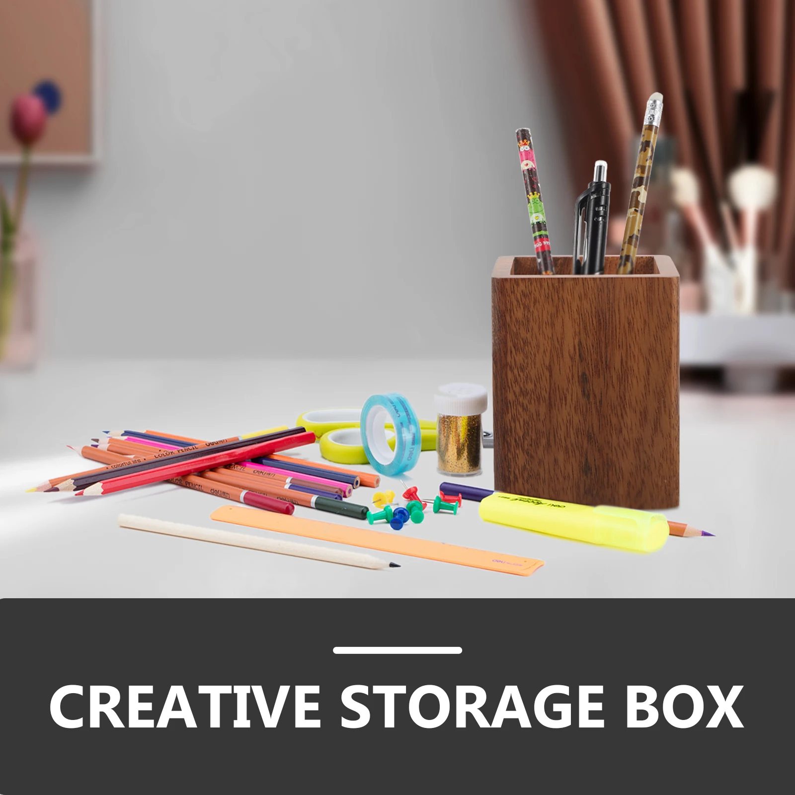 

Wooden Makeup Brush Organizer Desk Pen Holder Cup Pencil Organizer Durable Simple Design Ample Storage Office Accessories Women