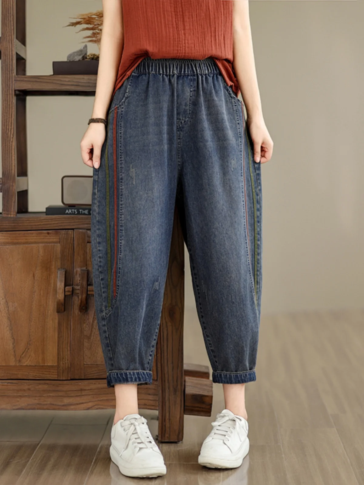 Damskie jeansy retro z pełnej bawełny, letnie, kolorowe, z naszywkami, dopasowane, długość 7/8, luźne spodnie typu \"kapusta\", uniwersalne.