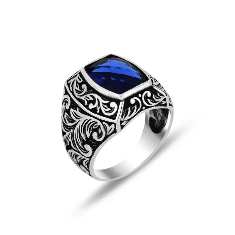 Vintage Punk Geometric Blue Suitable Rings for Anniversary Party Wedding Men\'s High-end Luxury Jewelry