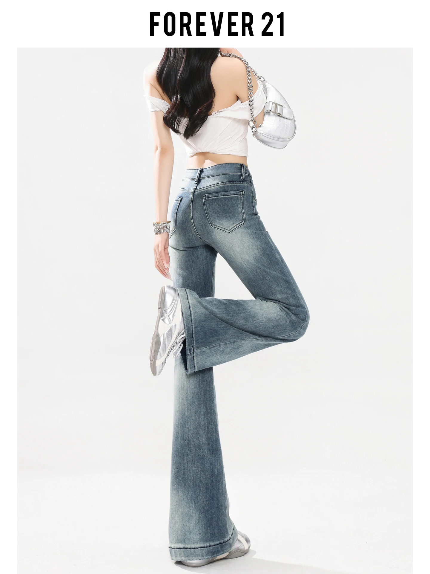 Calça Jeans Feminina Forever 21 Vintage Azul Slim Fit Cintura Baixa Boca de Sino Versão Estreita Bootcut Calça Longa Casual p...