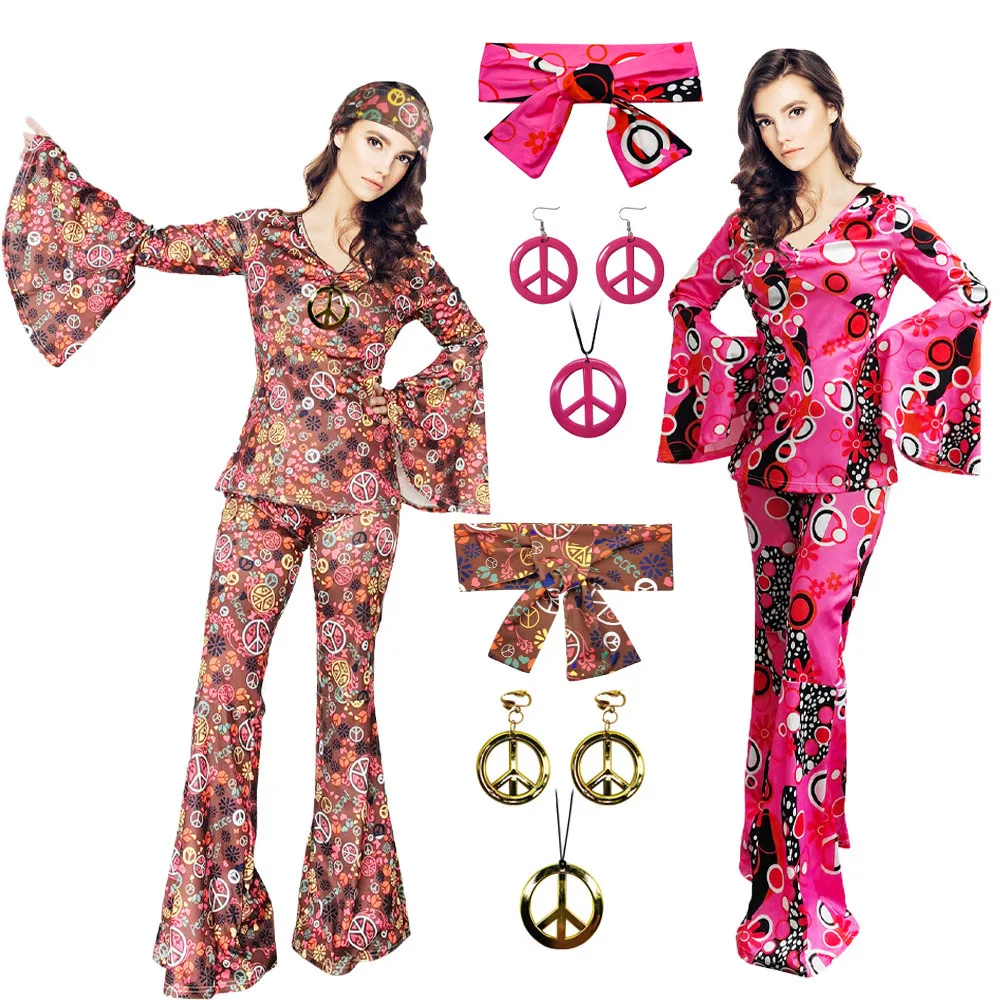 Women's 5-piece Set Hippie Girl Costume Retro Print Flared  Sleeve  With Earring Necklace  Headband Disco Suit  70's Theme Party