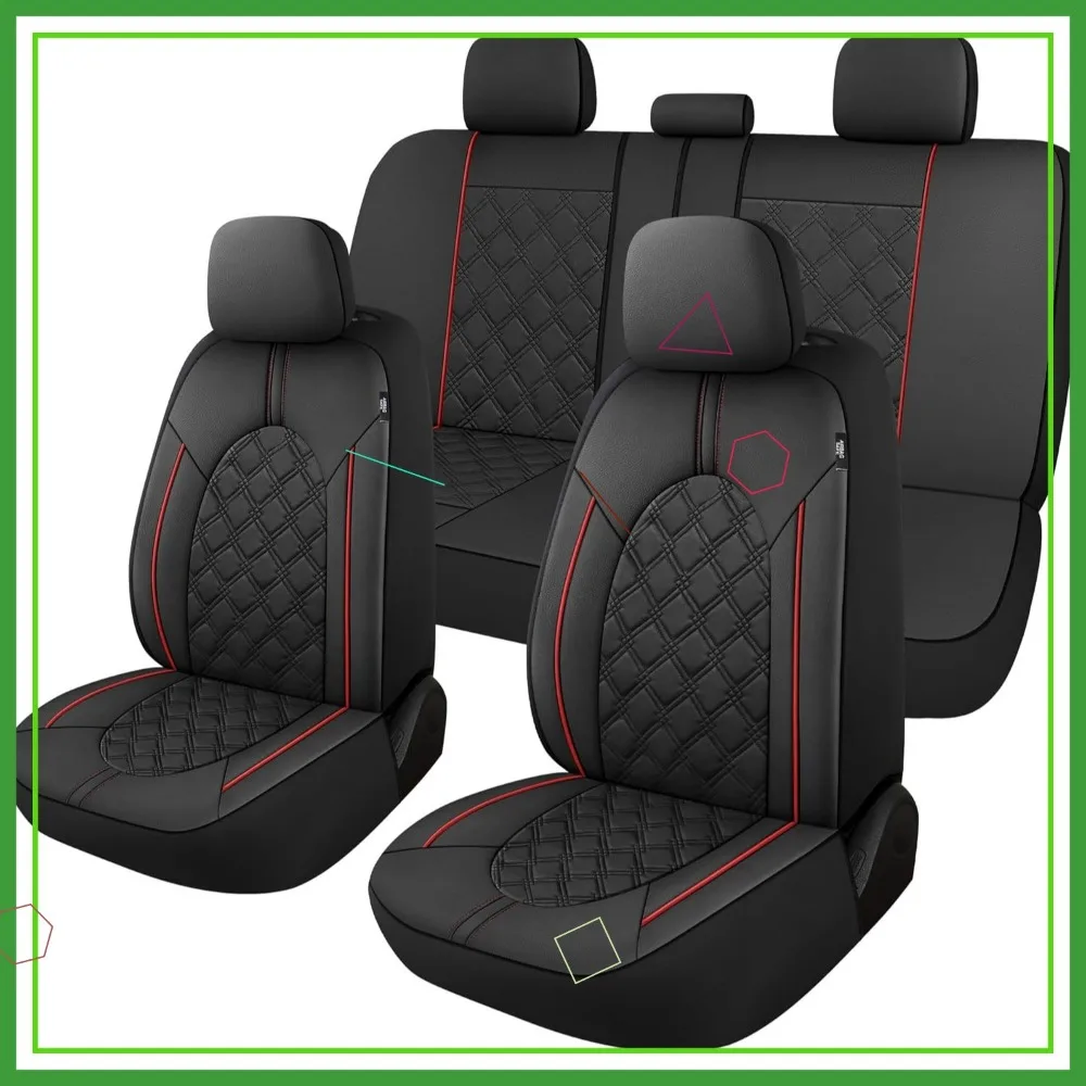 

Universal PU Leather Car Seat Covers Full Set, Non-Slip Airbag Compatible for Cars Trucks SUVs (Black/Red)