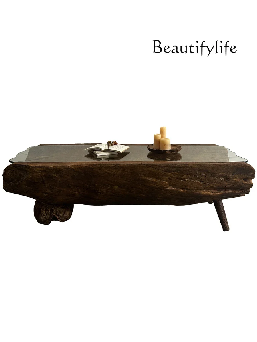 Sili Style Solid Wood Special-Shaped Glass Tea Table Living Room Home Modern Minimalist Coffee Table