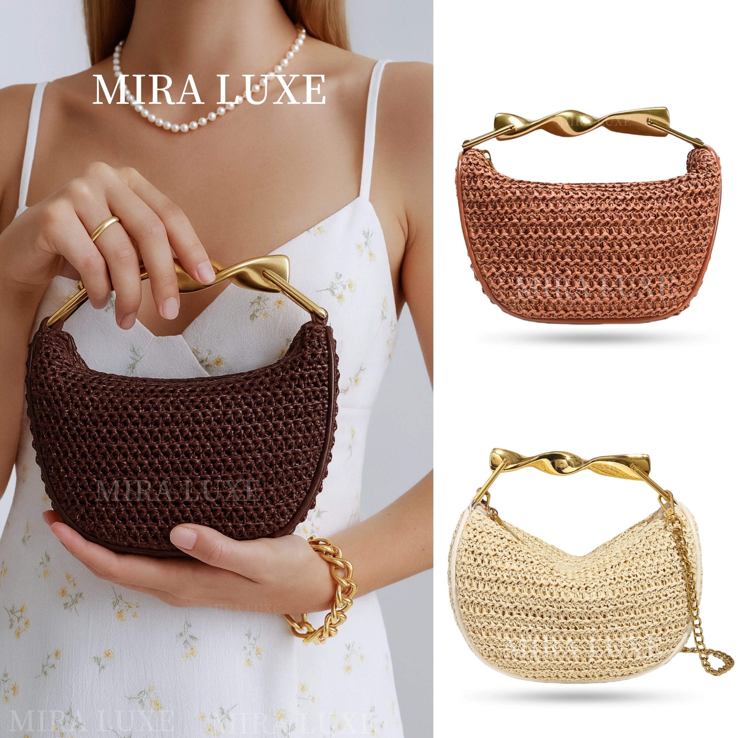 

Summer Half-Moon Beach Straw Shoulder Bags Women's Straw Bucket Bag Purse Woven Straw Metal Handle Casual Tote Crossbody Bag