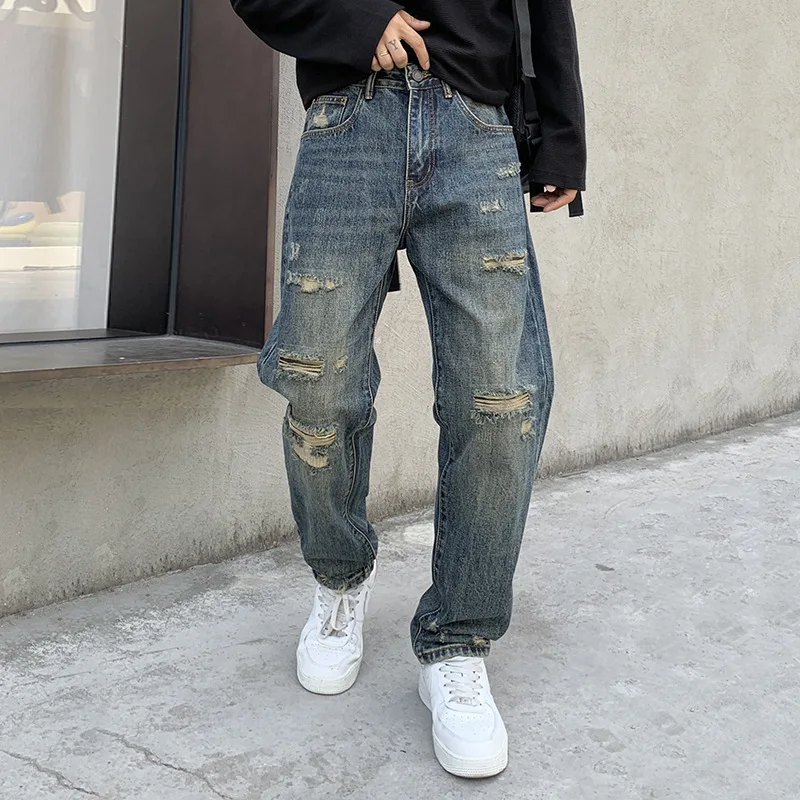 

Мужские джинсы в стиле ретро, американские, уличные, свободного кроя, с дизайном из лоскутного материала и дырками, универсальные, из хлопка Cone ape