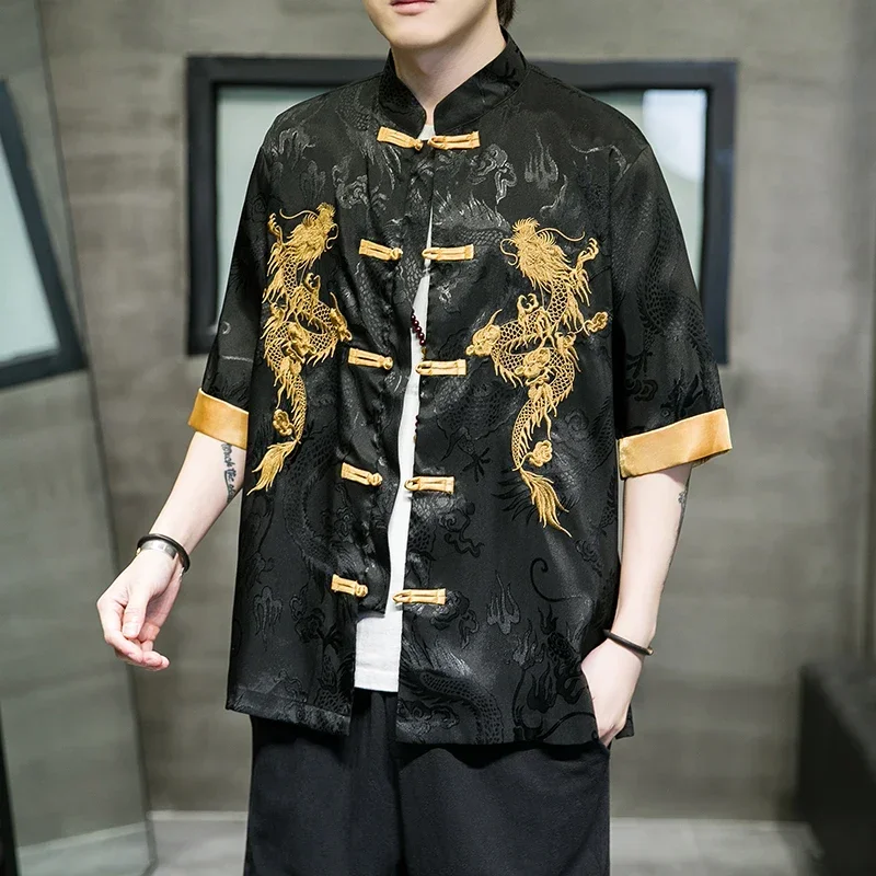 Creative Golden Dragon Embroidery Men\'s Shirt Tang Suit Hanfu Retro Cheongsam Casual Kung Fu Top Zen Tea Cardigan Coat