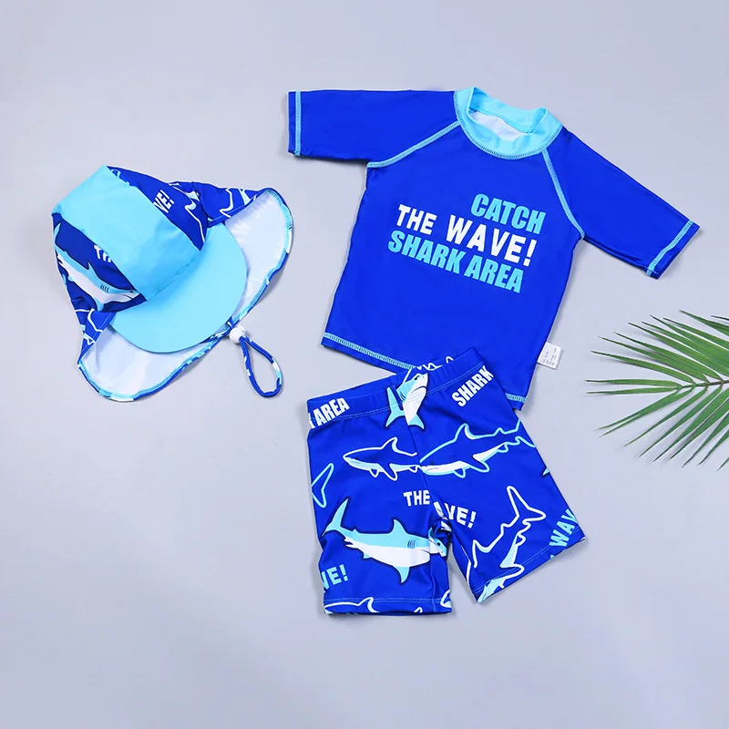 

New Children's Swimsuit Boys Cartoon Teenage Children's Split Swimsuit Set Long Sleeve Short-sleeve Boys Swimwear with Cap
