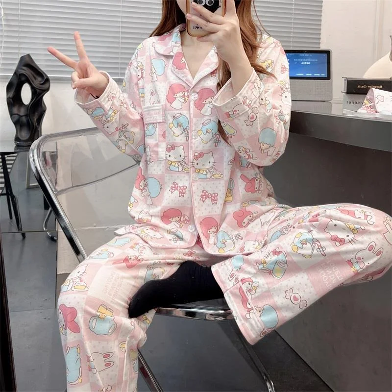 

Sanrio Kawaii Cartoon Hello Kitty Pajamas Girls Winter New Arrival Sweet Cute Style Warm Long Sleeve Homewear Set Adorable Gift