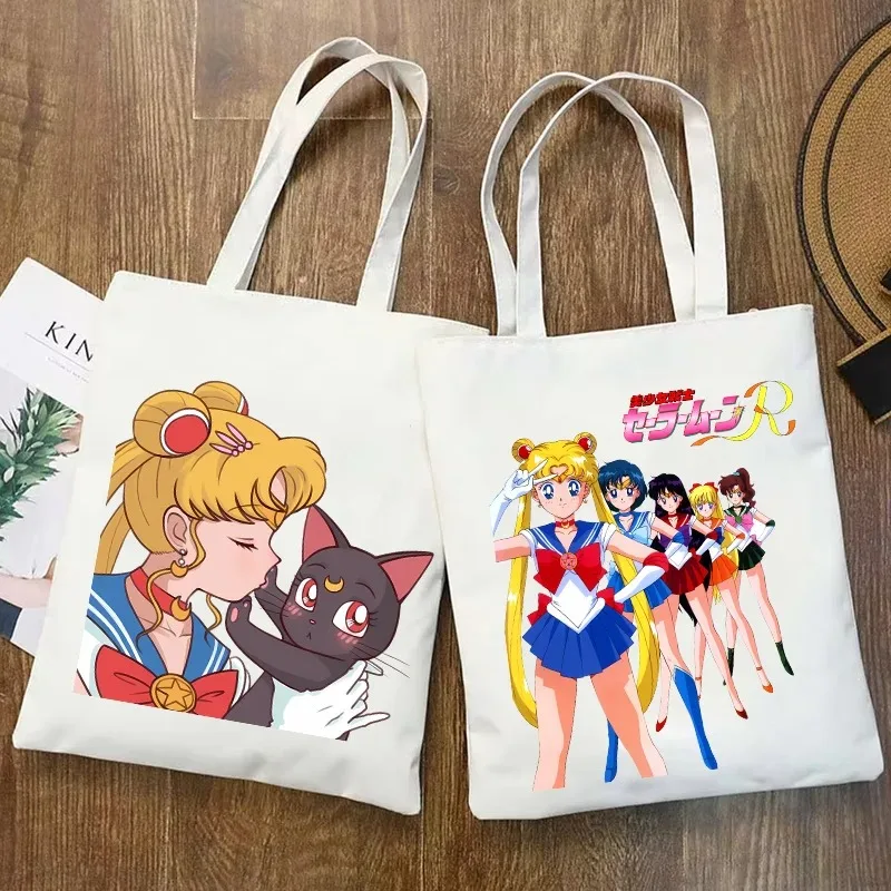Bolsa de Lona Sailor Moon para Mujer, Bolsa de Compras de Algodón con Dibujos Animados de Anime, Bolsa de Compras Ligera, Bolsa de Hombro Simple y Popular, Regalos