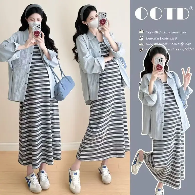 Women Maternity 2Pcs Outfit 2026 Autumn Trendy Mom Mid-length Striped Knit Vest Dress Matching Shirt Loose Comfortable Pregnancy