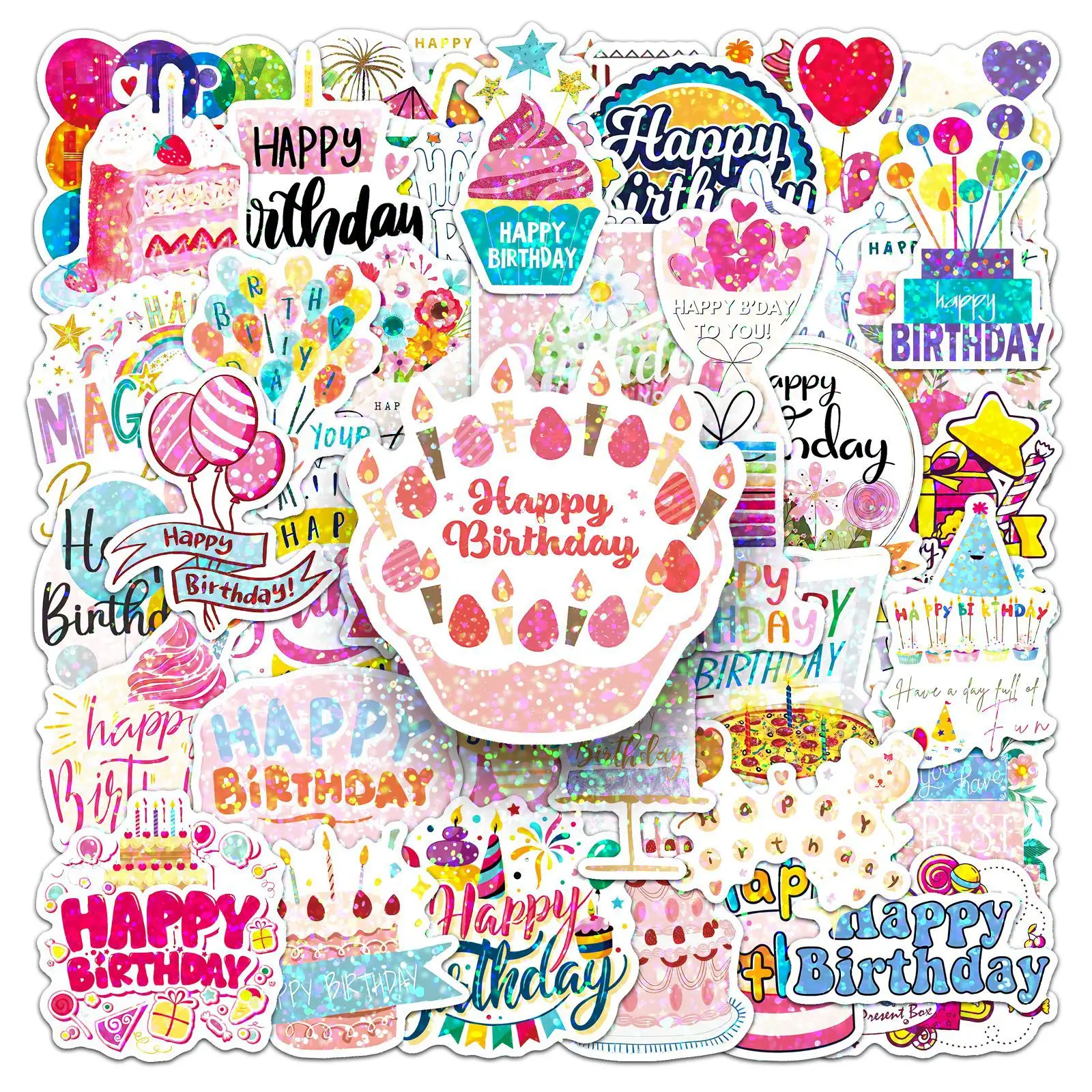 

50PCS Laser Style Birthday Stickers Cartoon Happy Birthday Text Can Decorate Laptop Phone Case iPad Waterproof Stickers Kids Toy