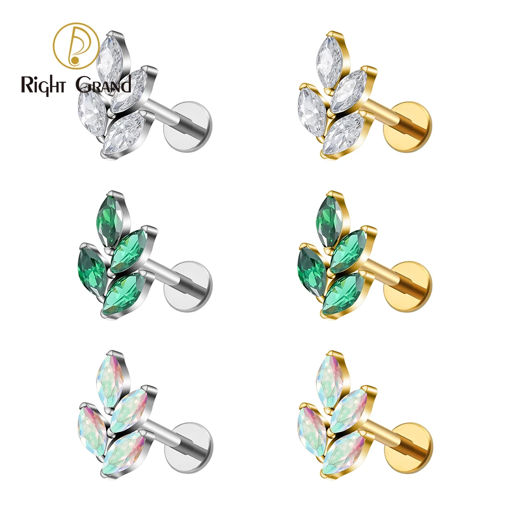 Right Grand ASTM F136 Titanium 16G Marquise CZ Leaf Shaped Cartilage Helix Conch Lobe Ear Piercing Flat Back Earring