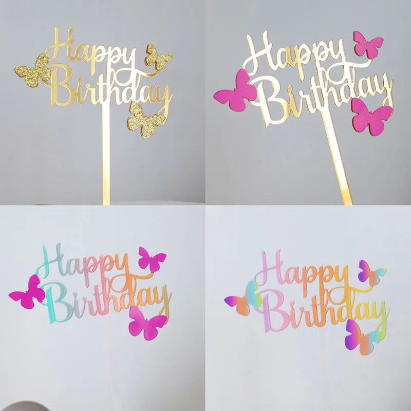 New Butterfly Happy Birthday Cake Topper Decoration Gold Acrylic Kids Birthday Party Cake Topper for Baby Shower Baking Supplies