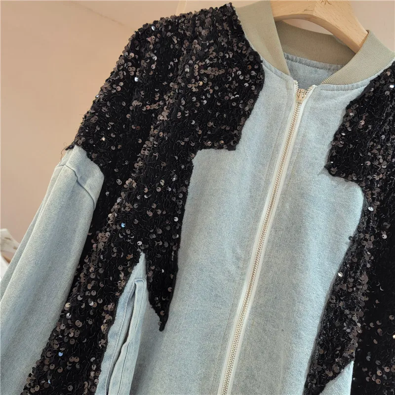 Denim Jacket Short Coat for Women 2024 Spring Autumn New High-Grade Heavy Stitching Sequins Korean Loose Casual Jean Coats