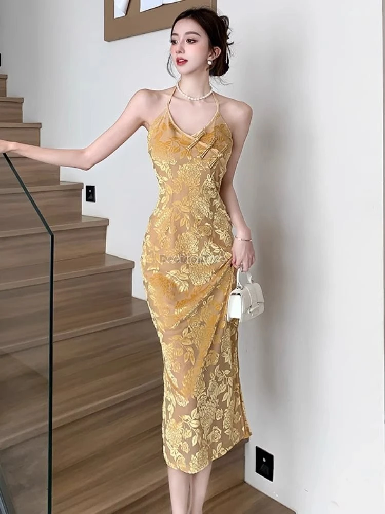 2024 retro new chinese summer halter qipao dress female slit improved cheongsam bag buttock long elegant long qipao dress w710