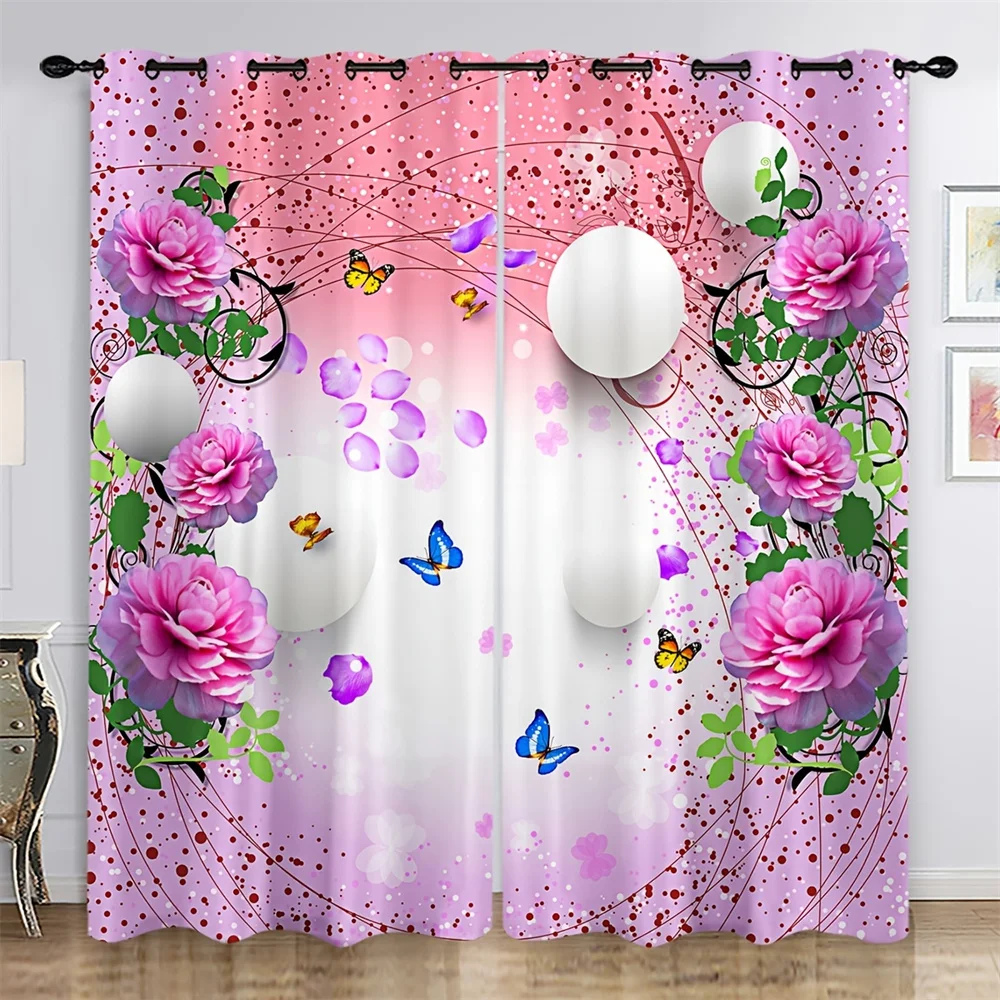 Luxury Pink Floral Flower Rose Butterfly Girl Window Curtains Blinds for Living Room Kids Bedroom Home Decor Door 2Pcs Kitchen