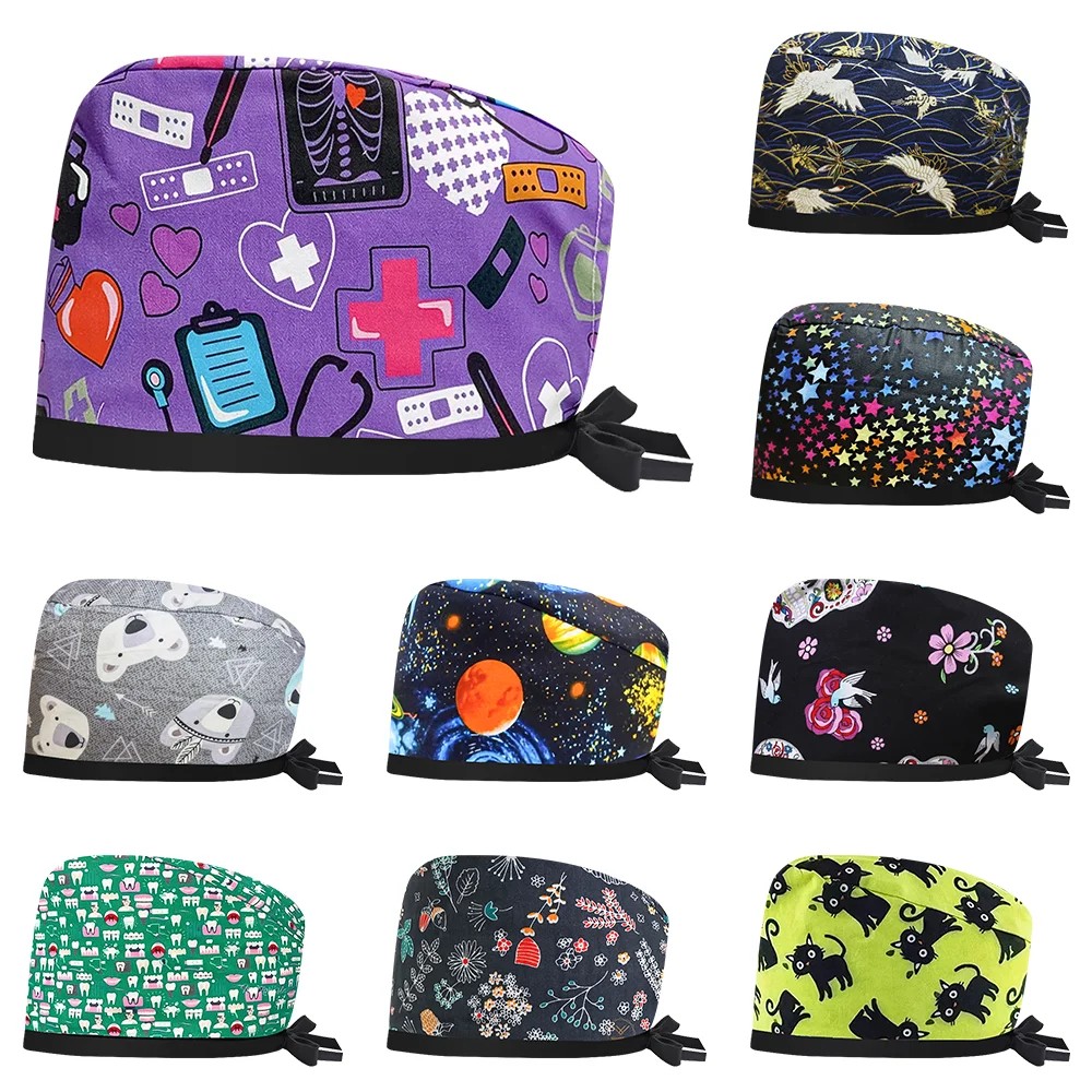 

New Scrub Hat Adjustable Surgical Cap Medical Print Multicolor Nurse Dentist SPA Working Women Men Surgery Hats