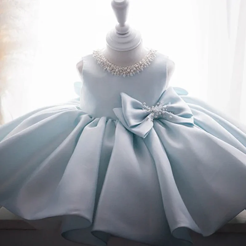 Customized Elegant Solid Beading Girls Birthday Gowns Bow O-Neck Ball Gown Flower Girl Dress Korean Princess Junior Bridesmaid D