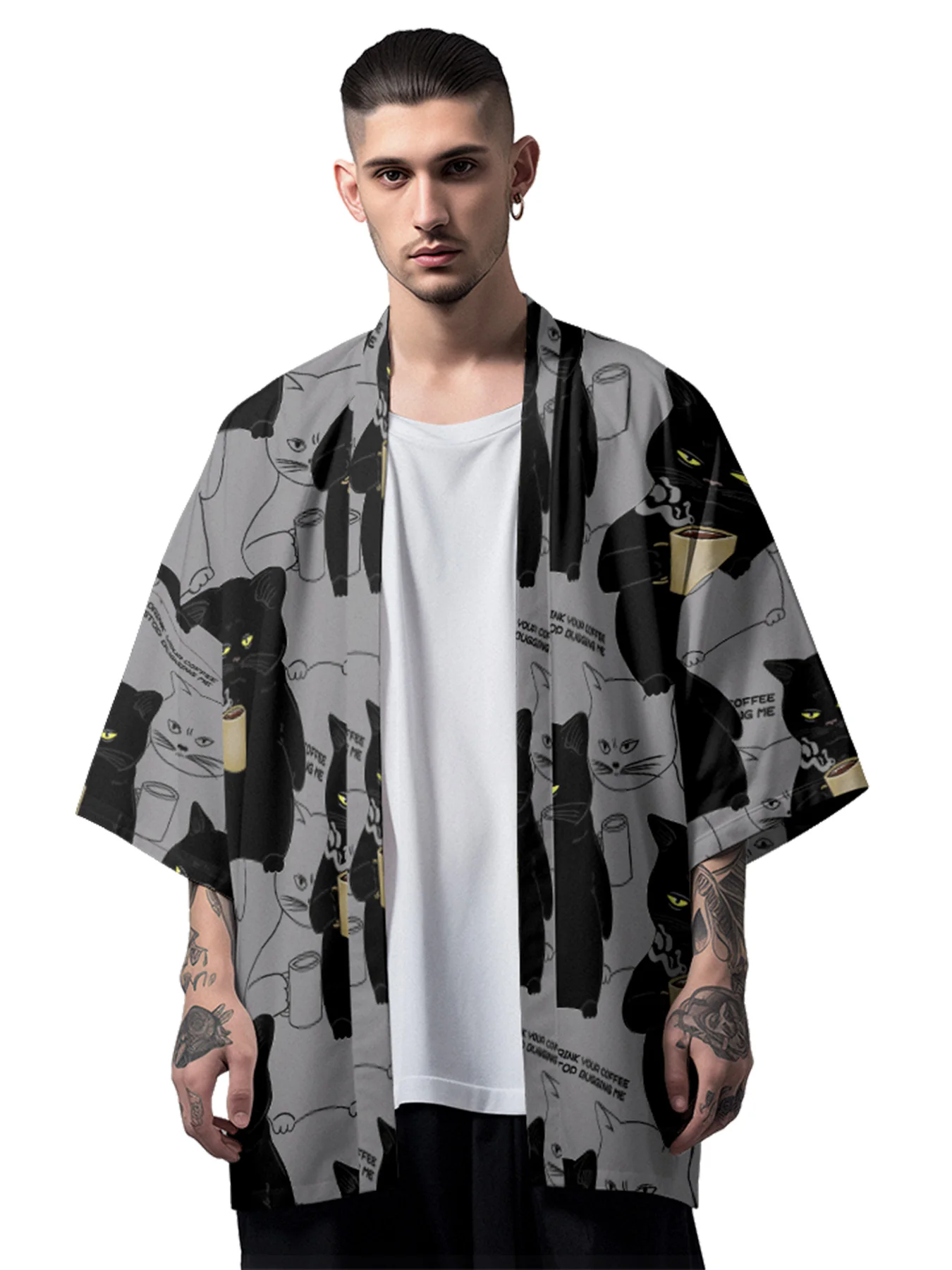 National tide black and white cat floral trend minority casual kimono Dao robe male national wind feather woven coat shirt