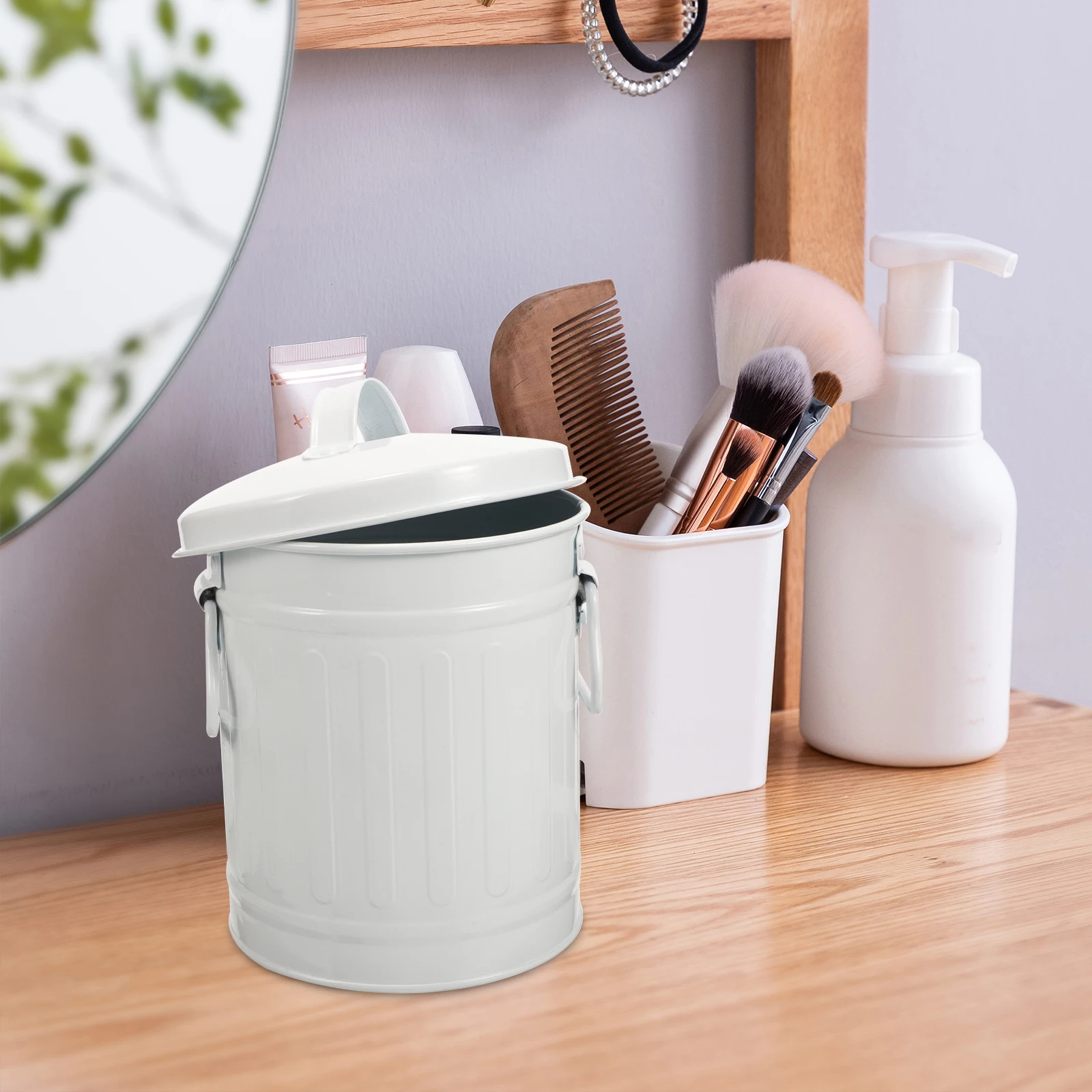 

Flower Pot Desktop Storage Bucket Trash Can Basket with Lid Wrought Iron Mini Small Cans Lids White Table Garbage Office